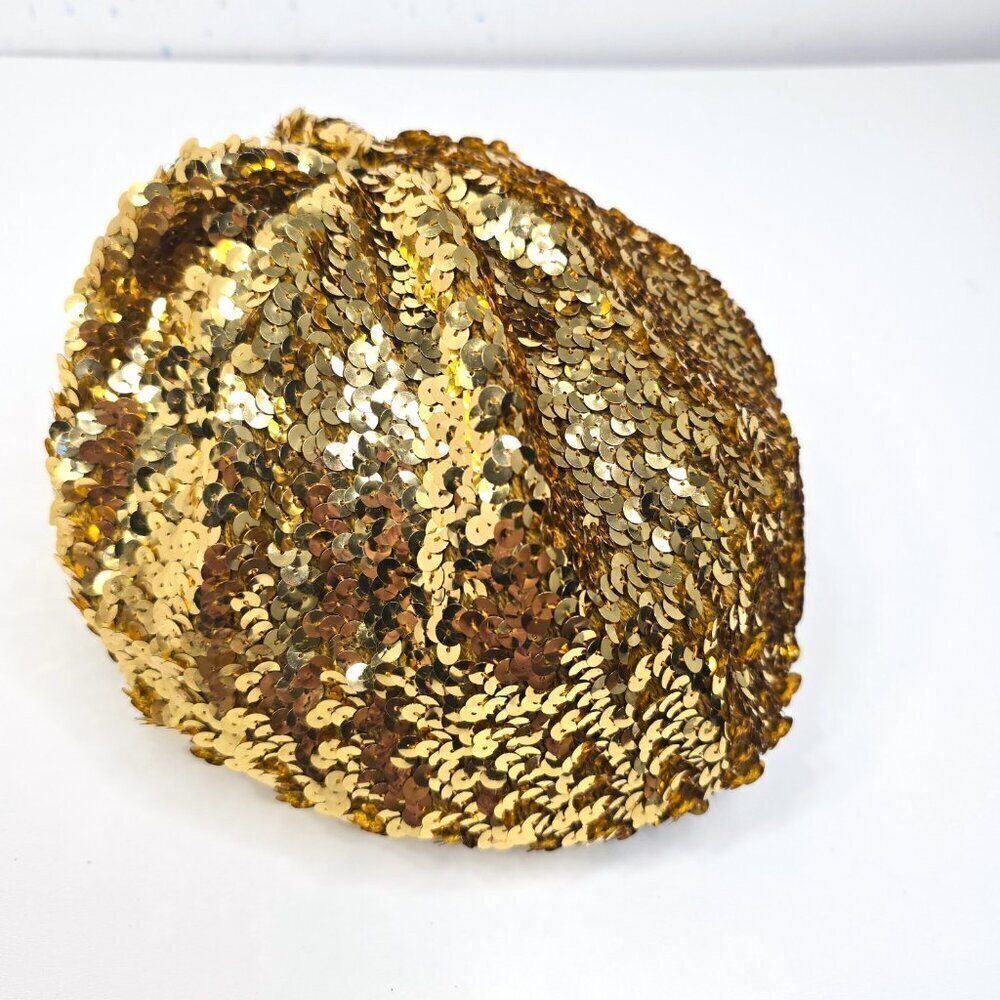 Vintage 70s 80s Gold Sequin Beret Slouchy Stretch